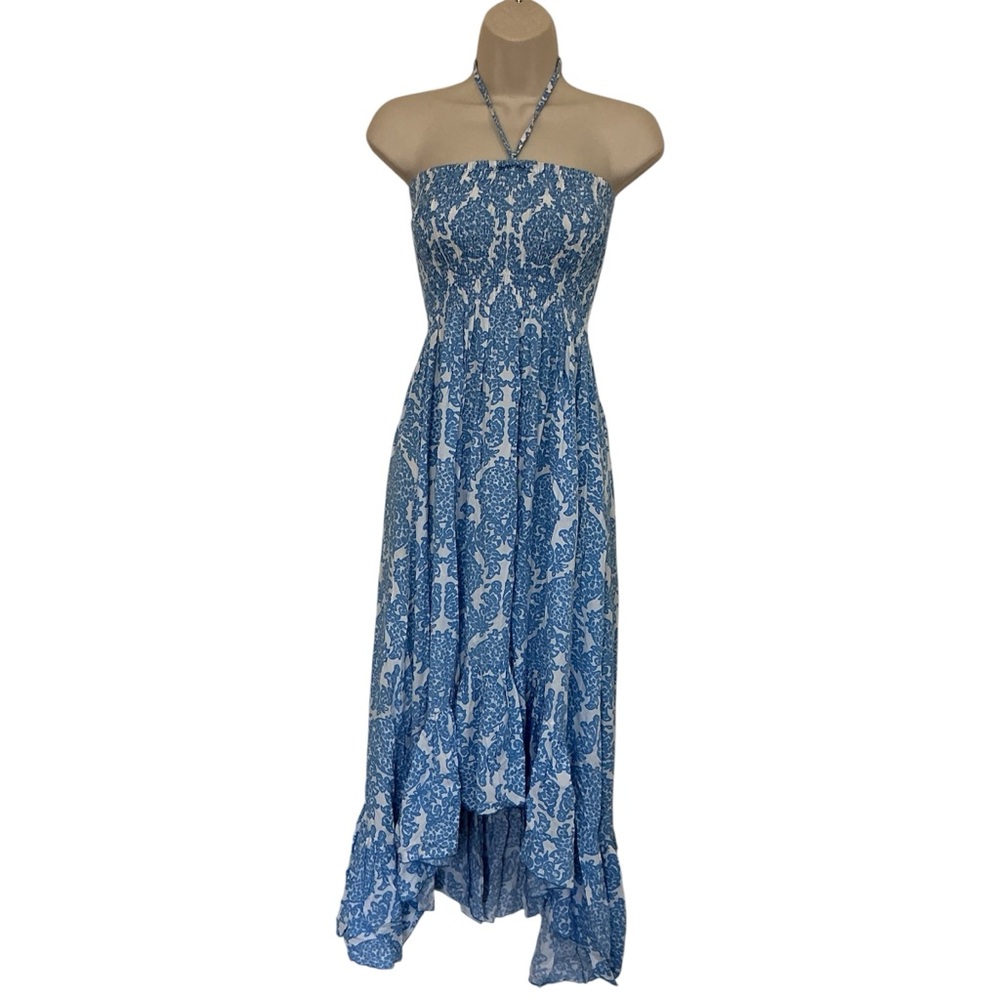 NWOT Blue Ginger Strapless Asymetrical Halter Dress Size Small Blue/White Print